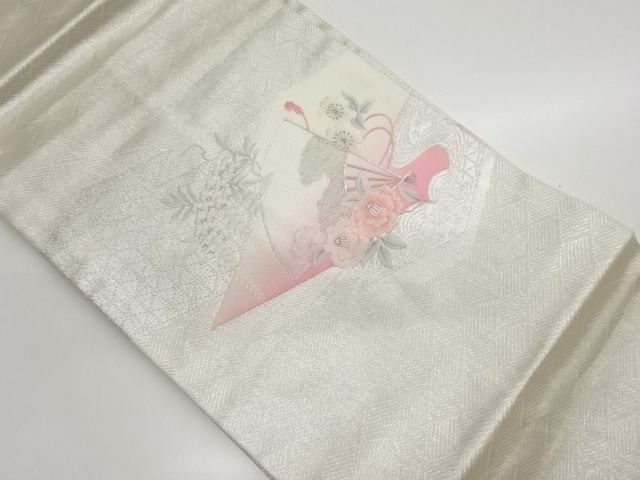 銀駒刺繍檜扇に花々模様名古屋帯